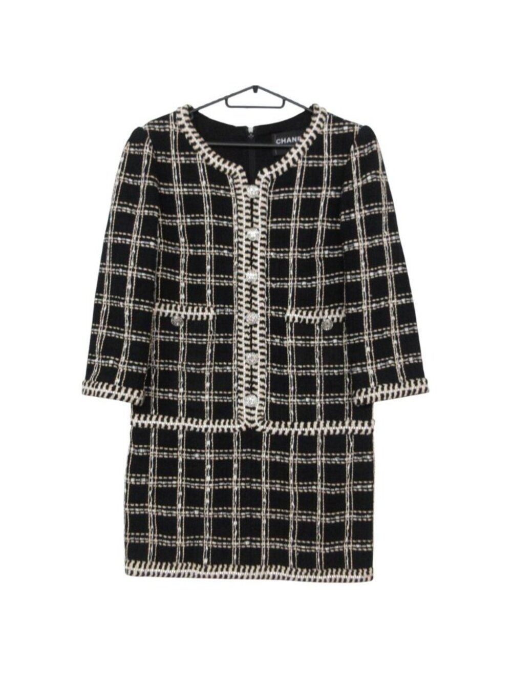 Chanel Dress Collection Tweed Plaid Long Sleeve Knee-Length Bijou Black